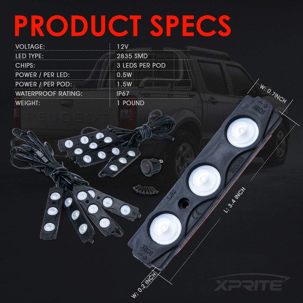 Xprite White Truck Pickup Bed Light Kit, 24 Led Cargo Rock Lighting Kits w/Switch for Van Off-Road Under Car, Side Marker, Foot Wells, Rail Lights - 8 PCS