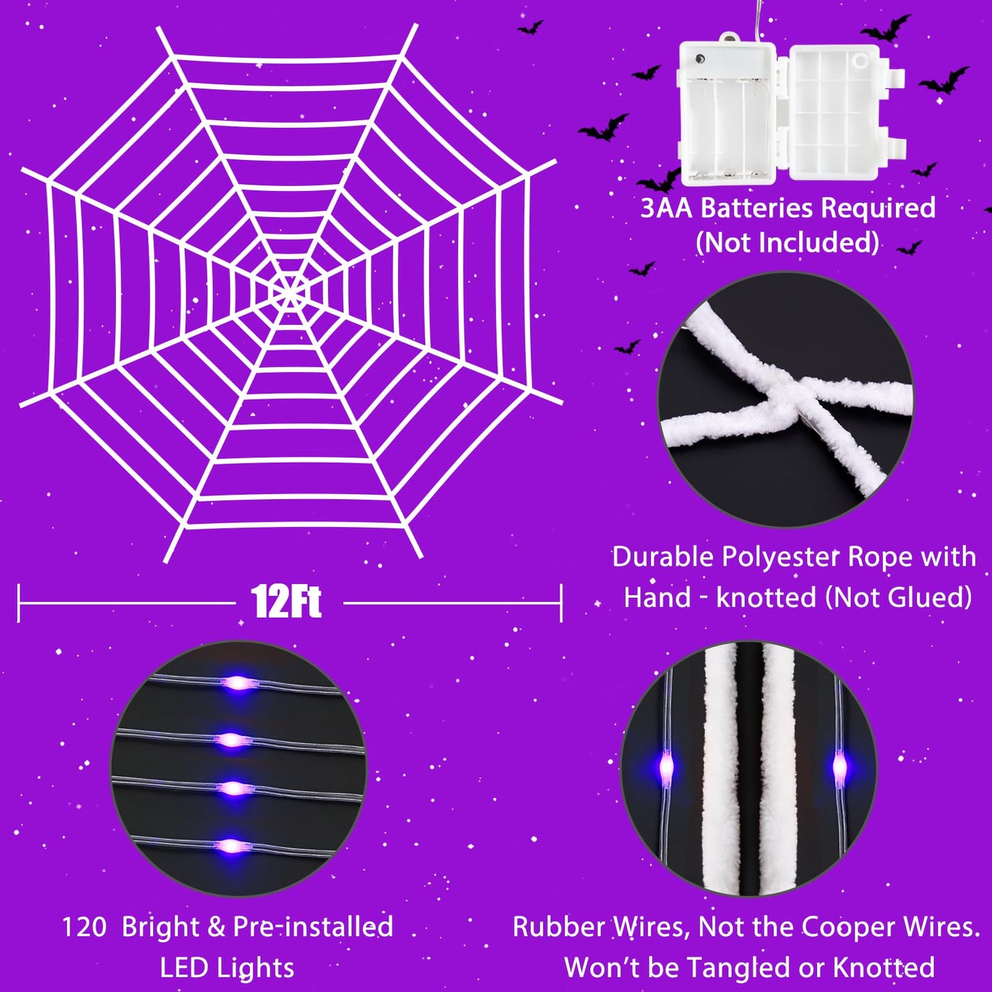 Light Up Lighted Spider Web 12 Ft 120 LED Spider Web Lights Giant Halloween Decorations Outdoor Waterproof for Outdoor Indoor Yard Party Haunted House Decor, Purple