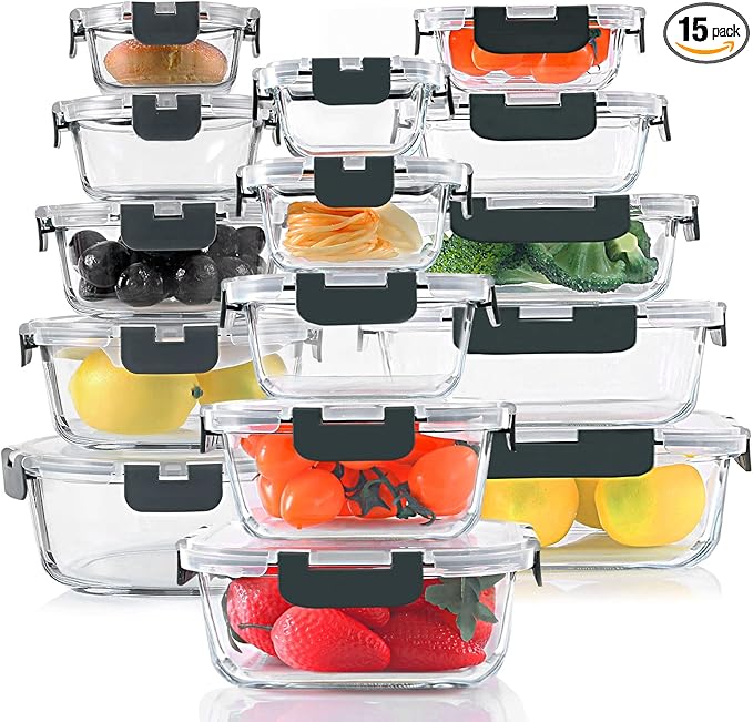 KOMUEE 30 Pieces Glass Food Storage Containers Set, Glass Meal Prep Containers