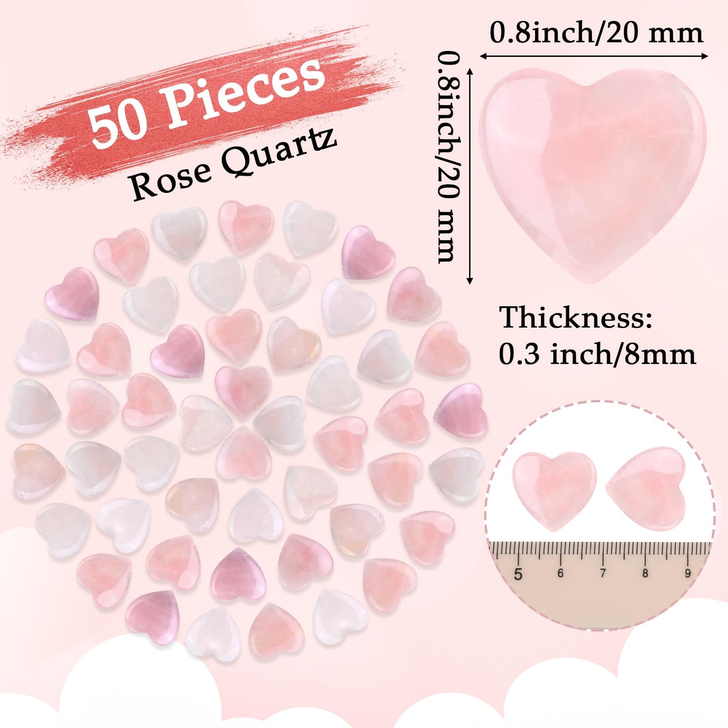 Gerrii 50 Pcs Heart Healing Stone Bulk Quartz Heart Inspirational Stones Gift for Women Love Pocket Polished Natural Energy Balancing Meditation 0.8 Inch(Rose Pink)