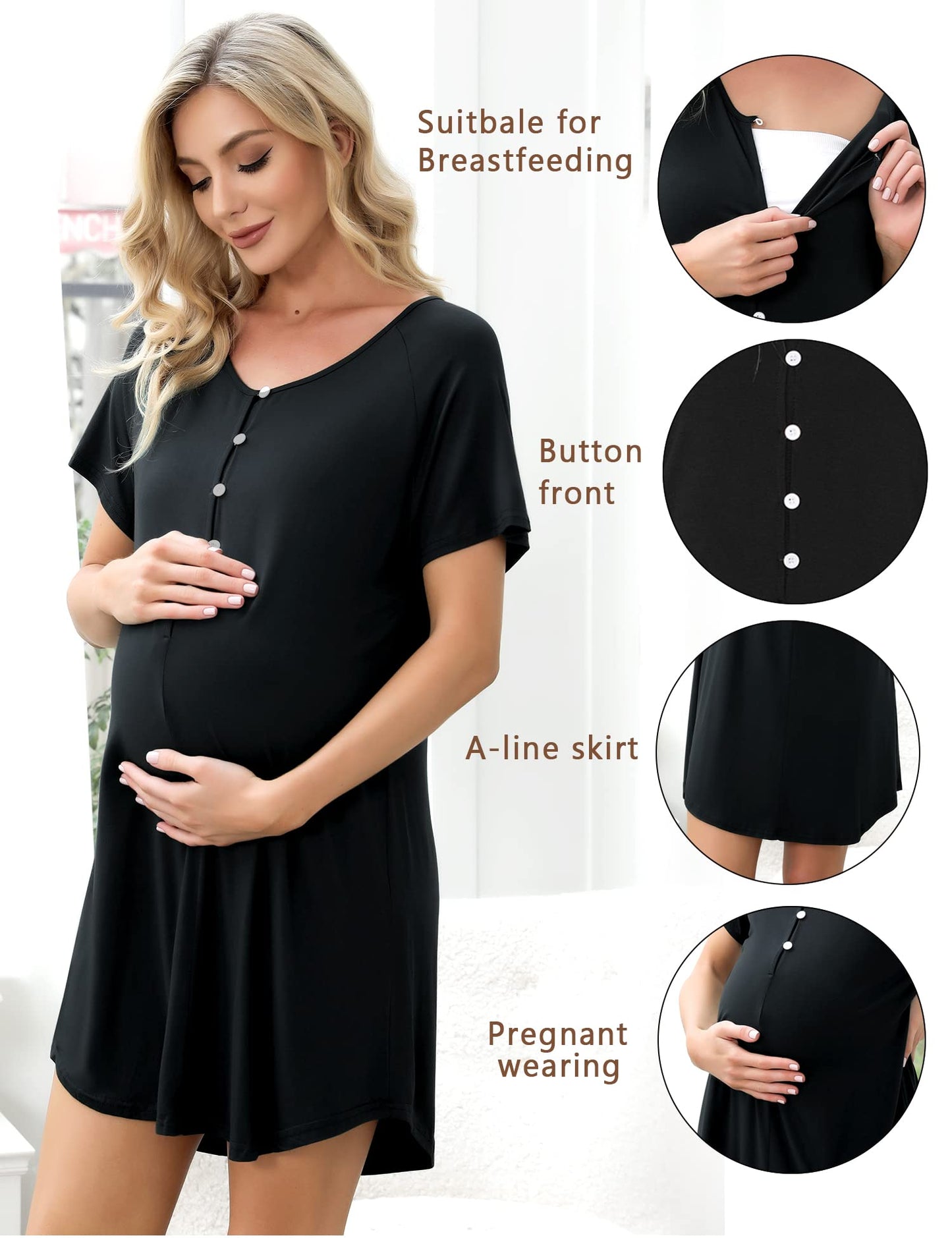 Uniexcosm Women's Maternity Nightdress Button Breastfeeding Nightwear Soft Nursing Nightgown for Pregnancy Short Sleeve Maternity Pyjamas Loungewear Black