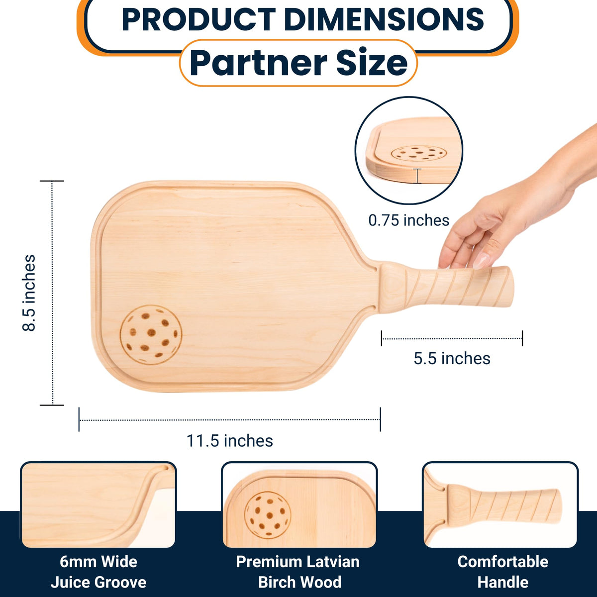 DinkCraft Pickleball Charcuterie & Cutting Board, Pickleball Gift, Partner Size - 17 x 8.5 x 0.75”, Birch Wood, Paddle Shape with Handle, Mineral Oil Finish