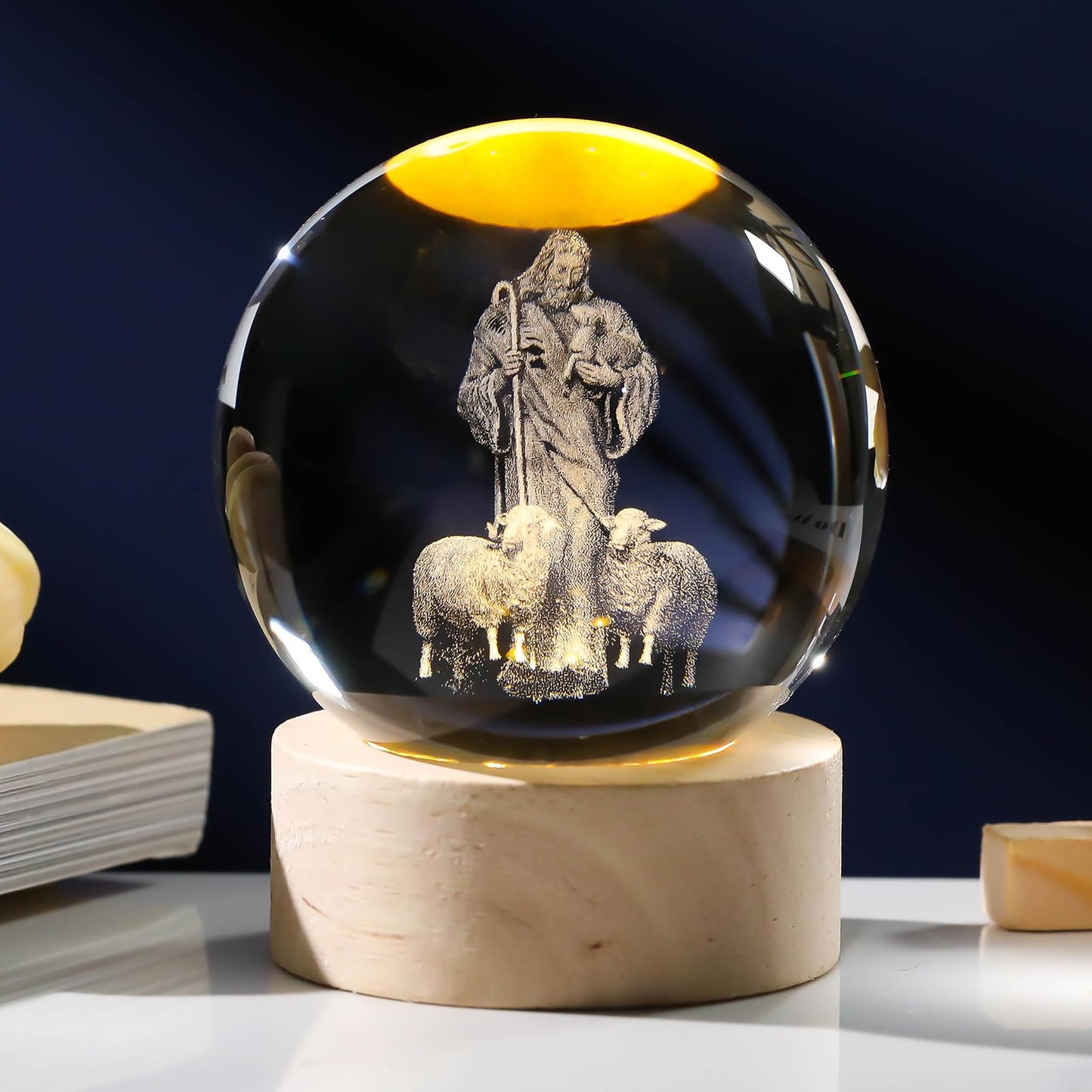 Arikyrist 3D Crystal Jesus Figurine Statue Night Light, Laser Engraved Crystal Christian Catholic Religious Easter Gift with Wooden Base