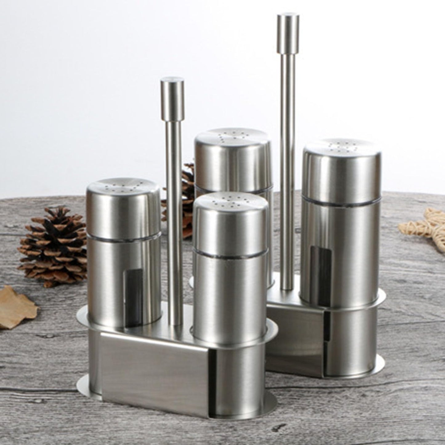 2 Pcs Salt and Pepper Shakers Set, Seasoning Grinder Bottle Set Stainless Steel Salt Pepper Containers Set with Shelf and Caps, Spice Rack for Kitchen (Large)