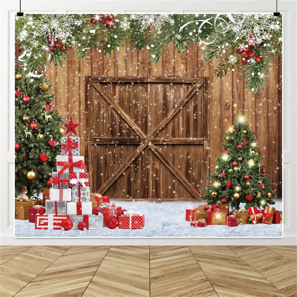 Merry Christmas Backdrop 10x10ft Xmas Tree Wood Barn Door Photography Backdrop Christmas Tree Wreath Gift Box Xmas Light Photoshoot Background New Year Xmas Party Decorations Backdrop Banner Supplies