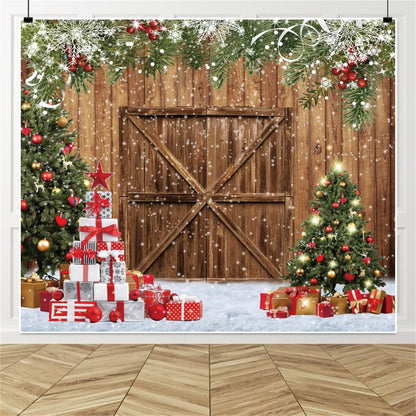 Merry Christmas Backdrop 10x10ft Xmas Tree Wood Barn Door Photography Backdrop Christmas Tree Wreath Gift Box Xmas Light Photoshoot Background New Year Xmas Party Decorations Backdrop Banner Supplies