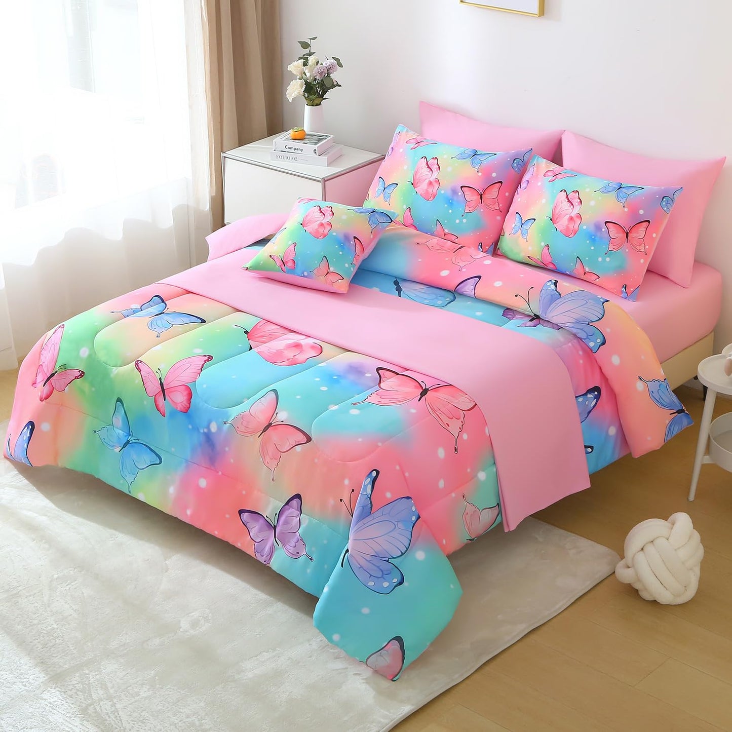 JQinHome 6 Pc Twin Rainbow Butterfly Comforter Set - 3D Butterfly Design Butterflies Bedding with Sheet Sets Bed in A Bag for Girls Kids Teens (Rainbow)