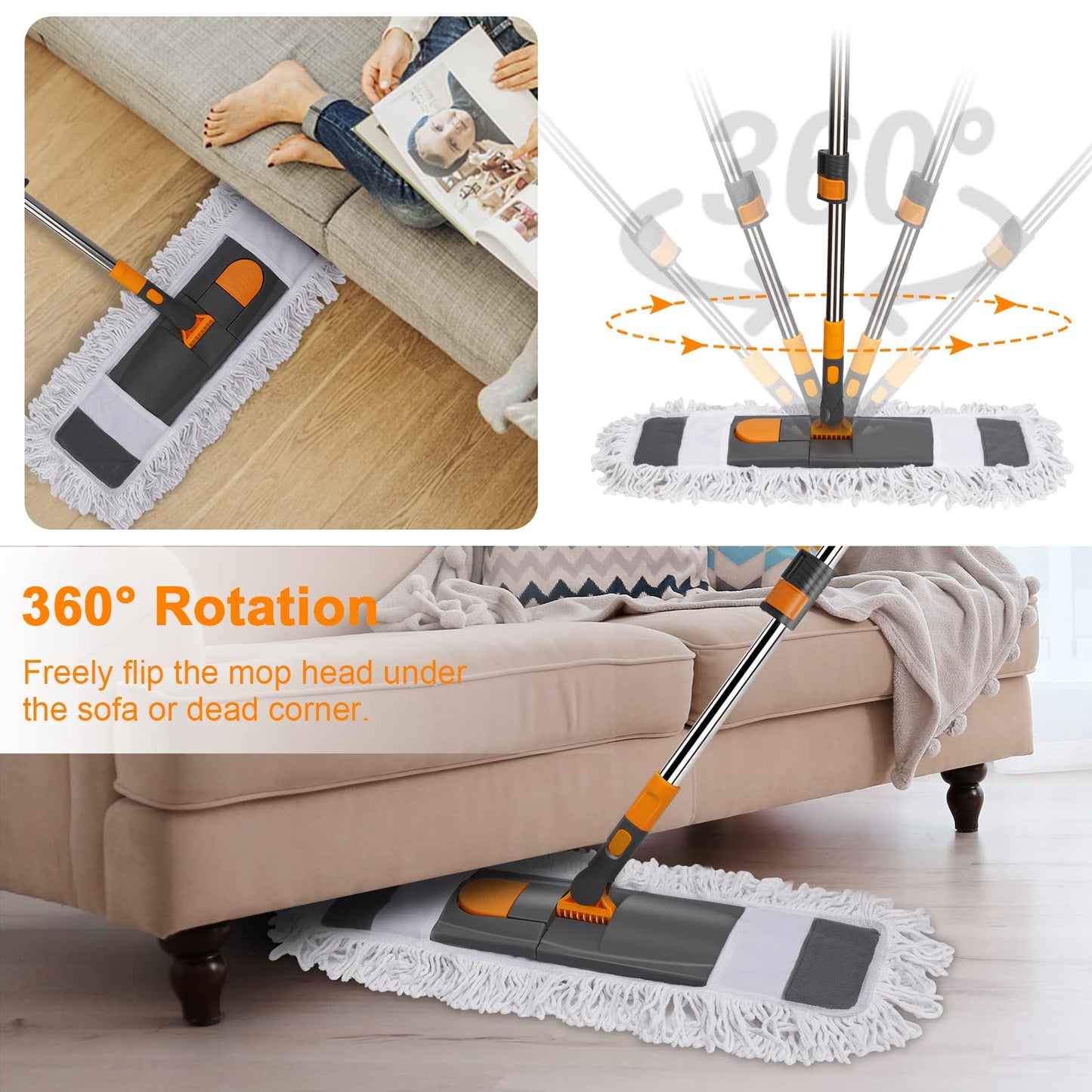 MASTERTOP Flat Mop, 60cm Wide Industrial Mops with Stainless Steel Long Handle, Commercial Pure Cotton Mop with 2 Reusable Pads, Wet and Dry Floor Mops for Hard Laminate Floors Cleaning