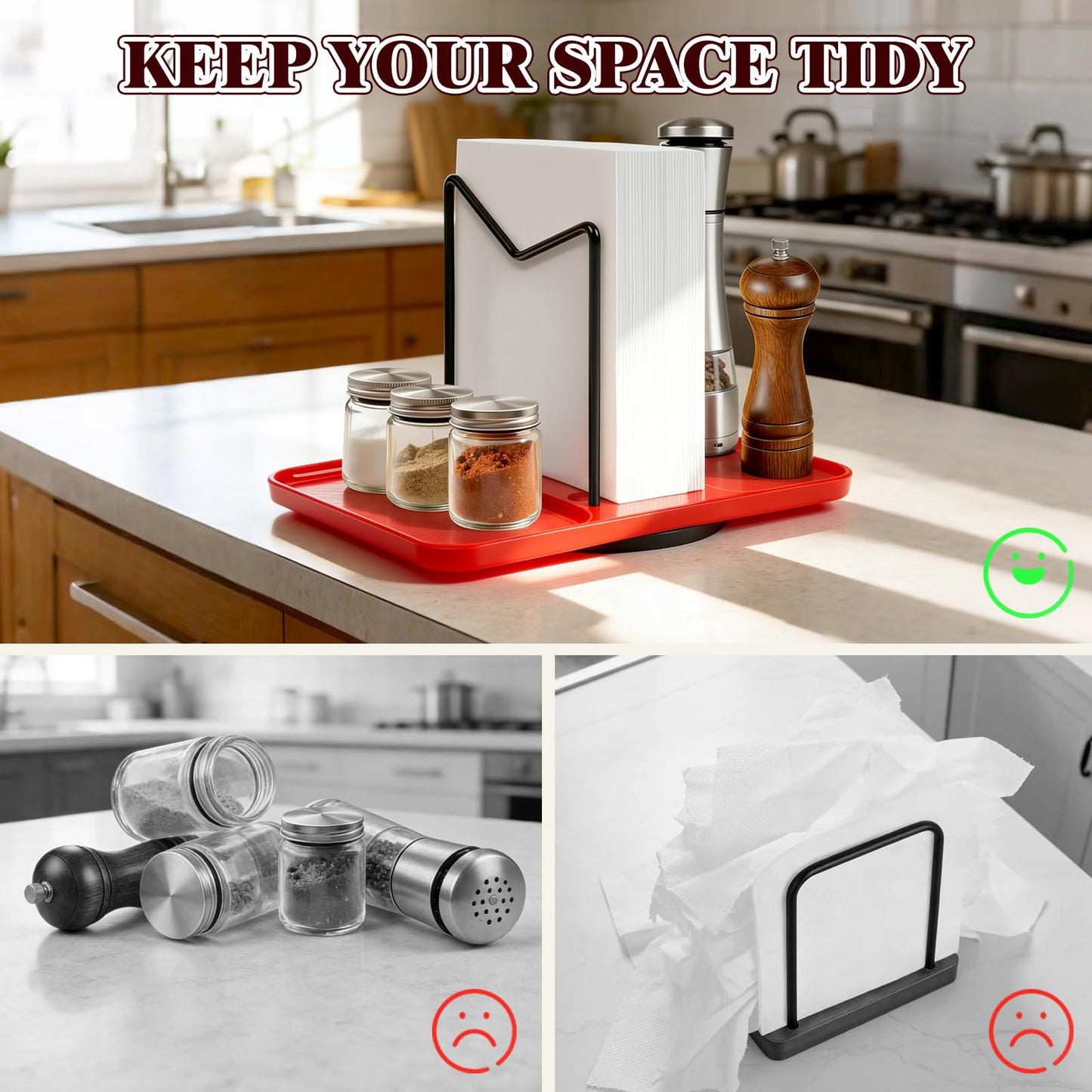 Rotating Napkin Holder for Table, Bamboo Standing Napkin Dispenser with Salt Pepper Shakers Caddy, Black Metal Paper Napkin Holders for Kitchen Dining Table Farmhouse Decor, Shakers Not Included