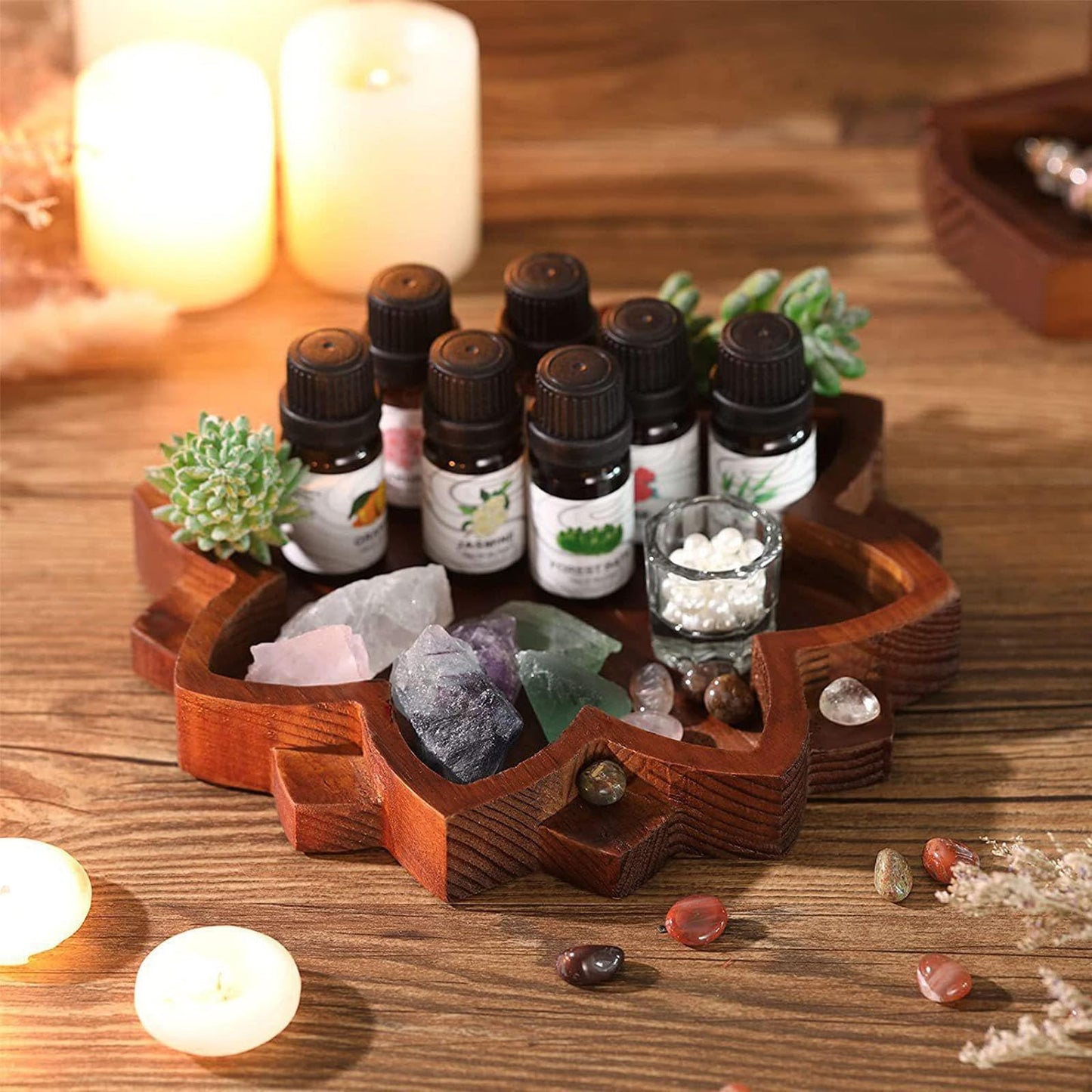 ZHU YU CHUN 1 PC Lotus Crystal Decorated Wooden Tray Mandala Crystal Holder Stone Tray Wooden Jewelry Board Shelf Healing Organizer