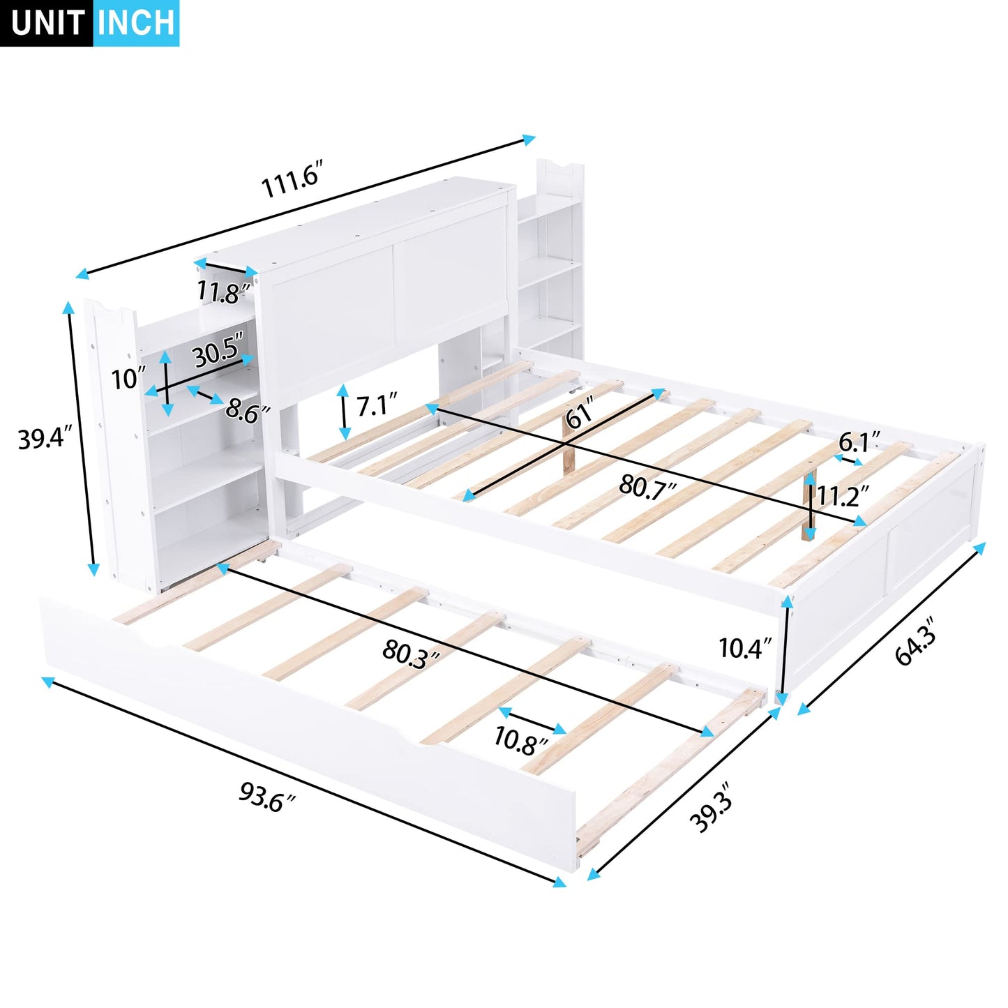Acosure Queen Size Storage Platform Bed with Pull Out Shelves and Twin XL Size Trundle,Bedroom Wood Bed Frame W/Headboard,No Box Spring Required,for Kids Teens Girls Boys,White