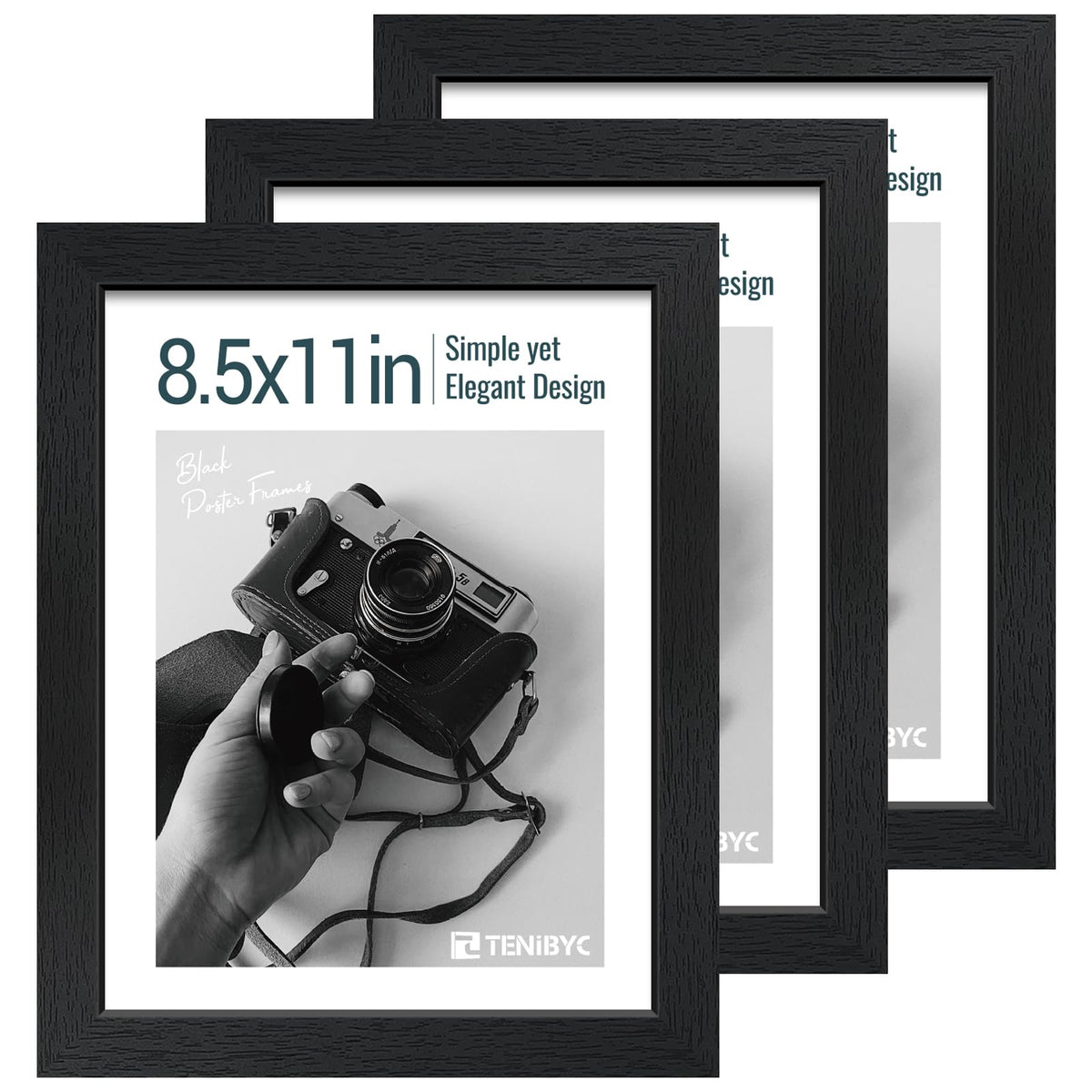 TENIBYC 8.5 by 11 Picture Frame Set of 3 - Black Woodgrain, HD Tempered Glass, Certificates & Awards, Table Display or Wall Hanging