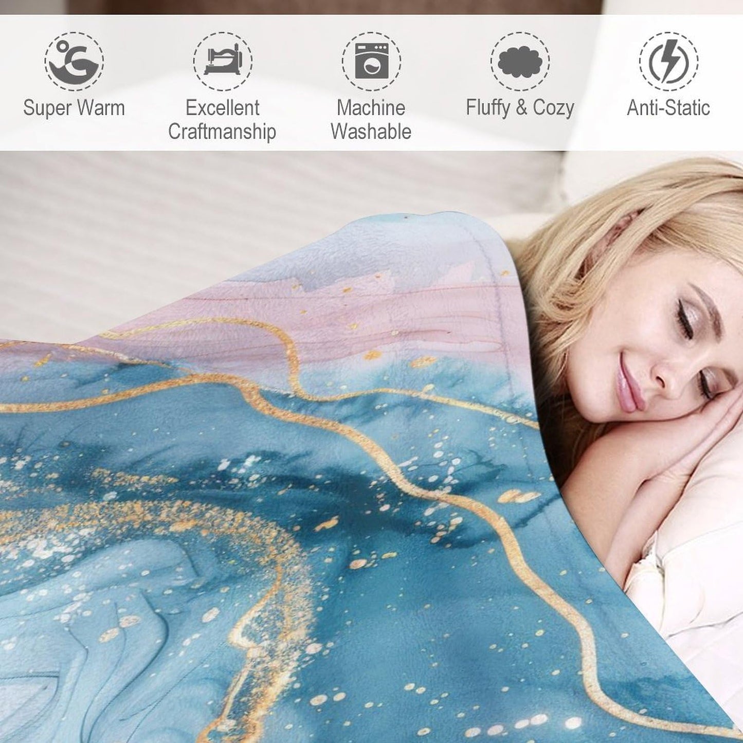 Marble Fleece Throw Blanket, Modern Luxury Foil Texture Pink Blue Gold Marble Super Soft Warm Blanket for Bed & Couch 40"x50", Cozy Fuzzy Throw Blanket for Travel Camping