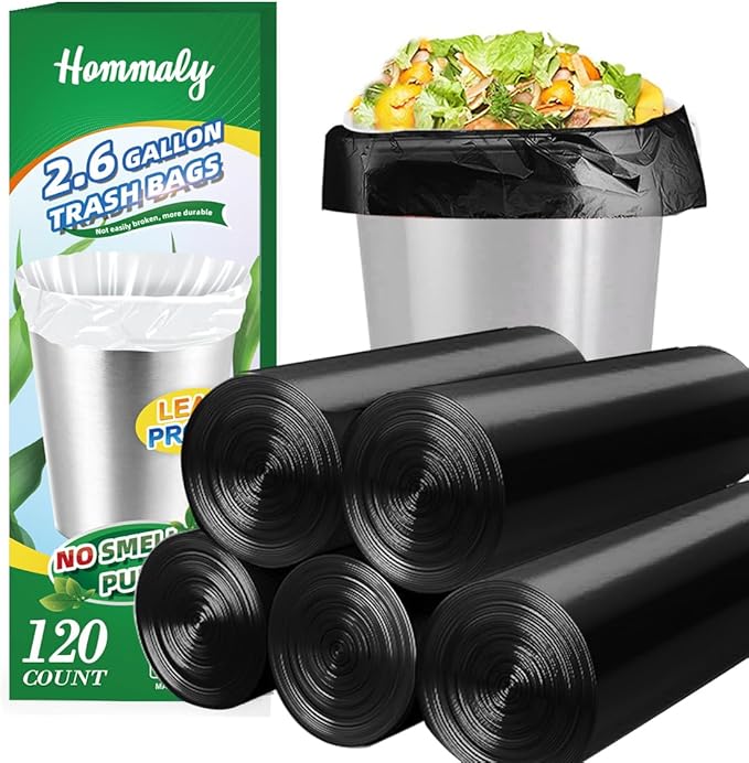 2.6 Gallon 120 pcs Small Black Trash Bags, Strong 2.5 Gallon 2.6 Gallon Garbage