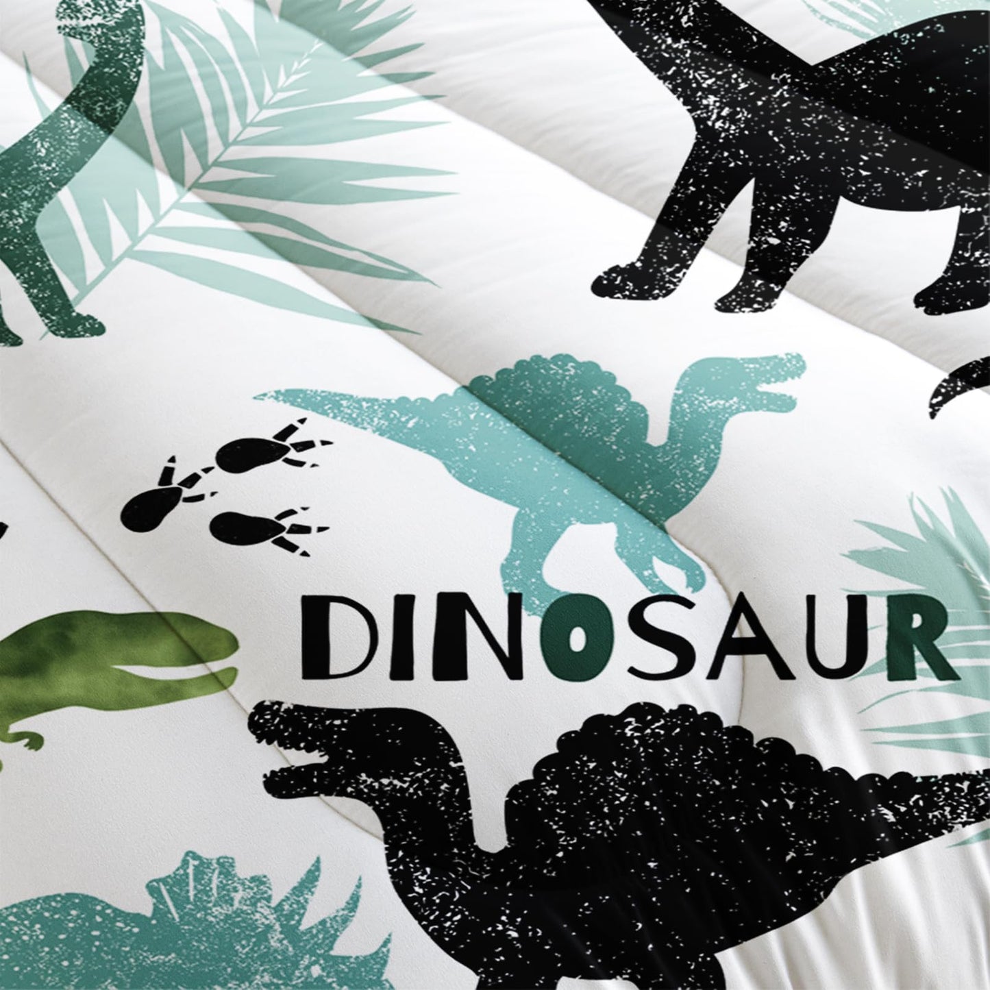 AILONEN Dinosaur Twin Kids Bedding Set,Black and Green Dinosaur Comforter Set All Season,Tropic Leaves and Roaring Dinosaur Silhouette Printed Soft Comforter with 2 Pillowcases for Boys
