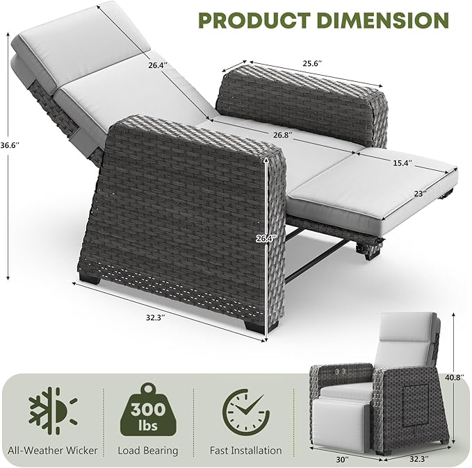 WACASA 3-Pieces Outdoor Recliners with Independent Dual-Control – 150° Lay-Flat Wicker Patio Armchair with Air Pump, Flip-Up Side Table, Extended Footrest & 5" Thick Fade-Resistant Olefin Cushions