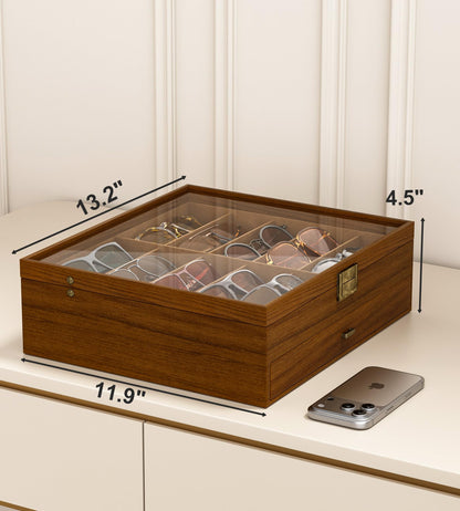 NEWLOOP Sunglasses Case Storage Organizer - Sunglass Organizer See-through Display Case Multiple Pairs Glasses Holder Stand 2-layer Eyeglass Jewelry Watch Collection Box for Men Wooden