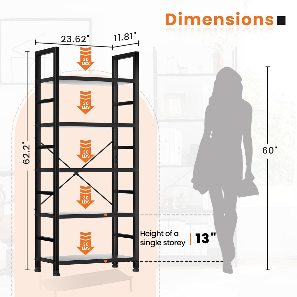 Sweetcrispy Book Shelf, 5 Tier Bookcase, Modern Tall Bookshelf for Garage Kit, CDs, Movies, Industrial Corner Storage Organizer for Bedroom Home Office Kitchen Living Room, Black