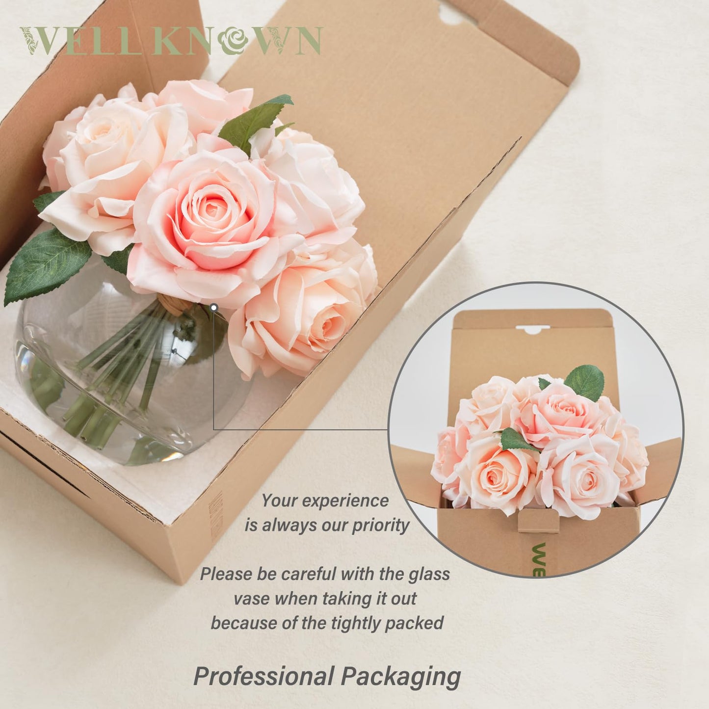 WELL KNOWN Artificial Flowers with Vase, Silk Rose Artificial Flowers Table Centerpieces with Faux Water for Home Decoration Fake Roses Flower Arrangements for Table Decor (Pink)