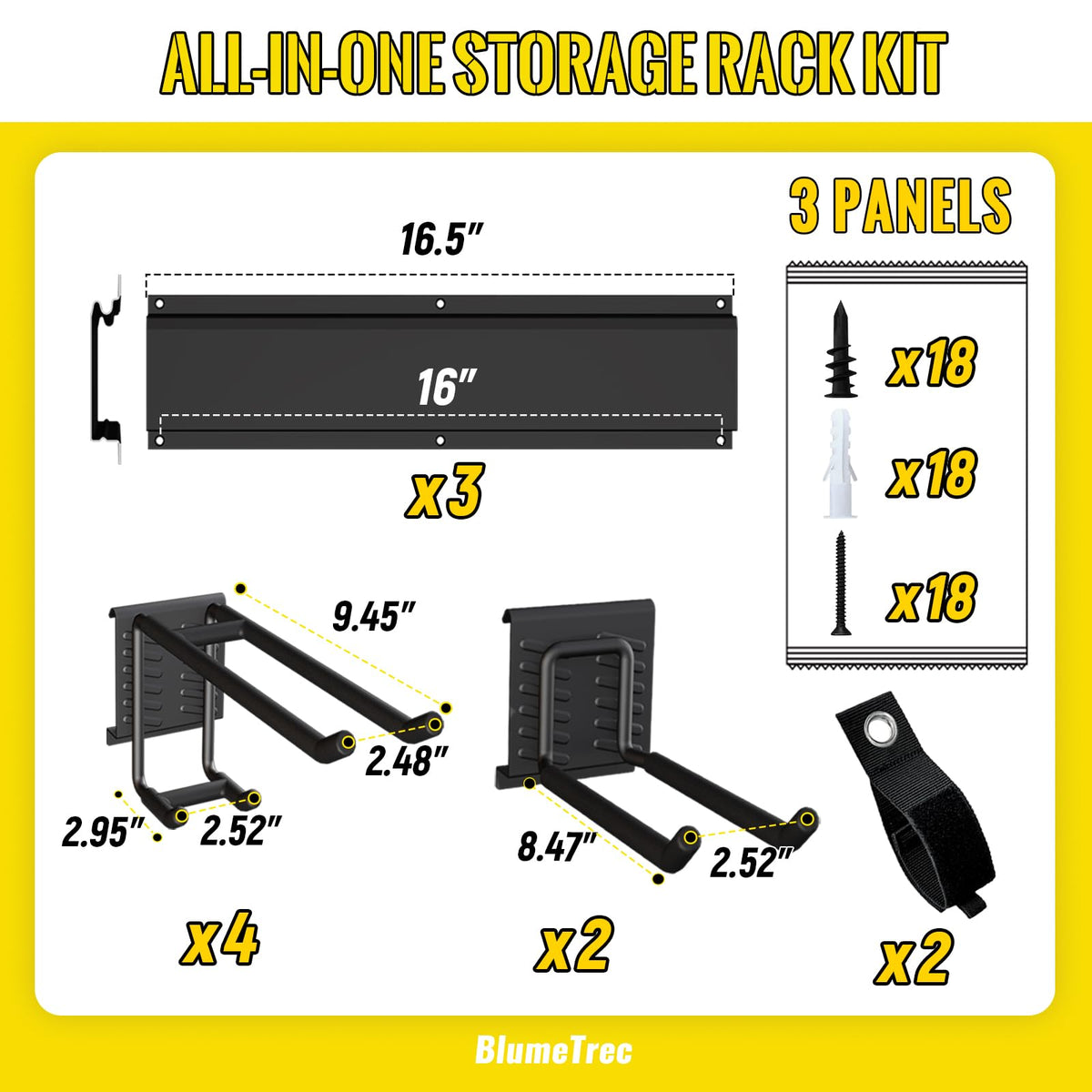 BlumeTrec Garage Tool Organizer Wall Mount, 48" Heavy-Duty Metal Wall Organizer, 3 Rails with 6 Adjustable Hooks, Garden Storage Rack for Organization Sturdy Tool Hanging Holder for Shovel Shed Yard