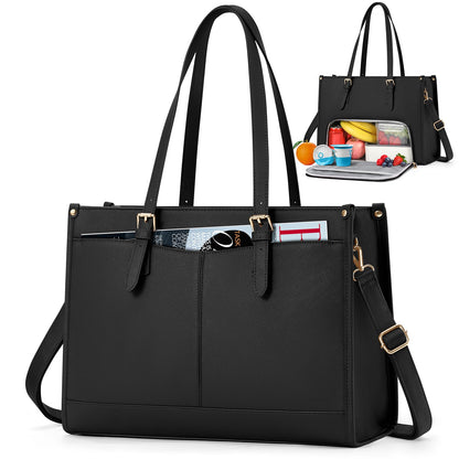 RAINSMORE Lunch Tote Bag for Women 15.6 Inch Laptop Bags with Insulated Lunch Compartment Large Leather Quilted Computer Tote for Teacher Nurse Work Collage Casual Black