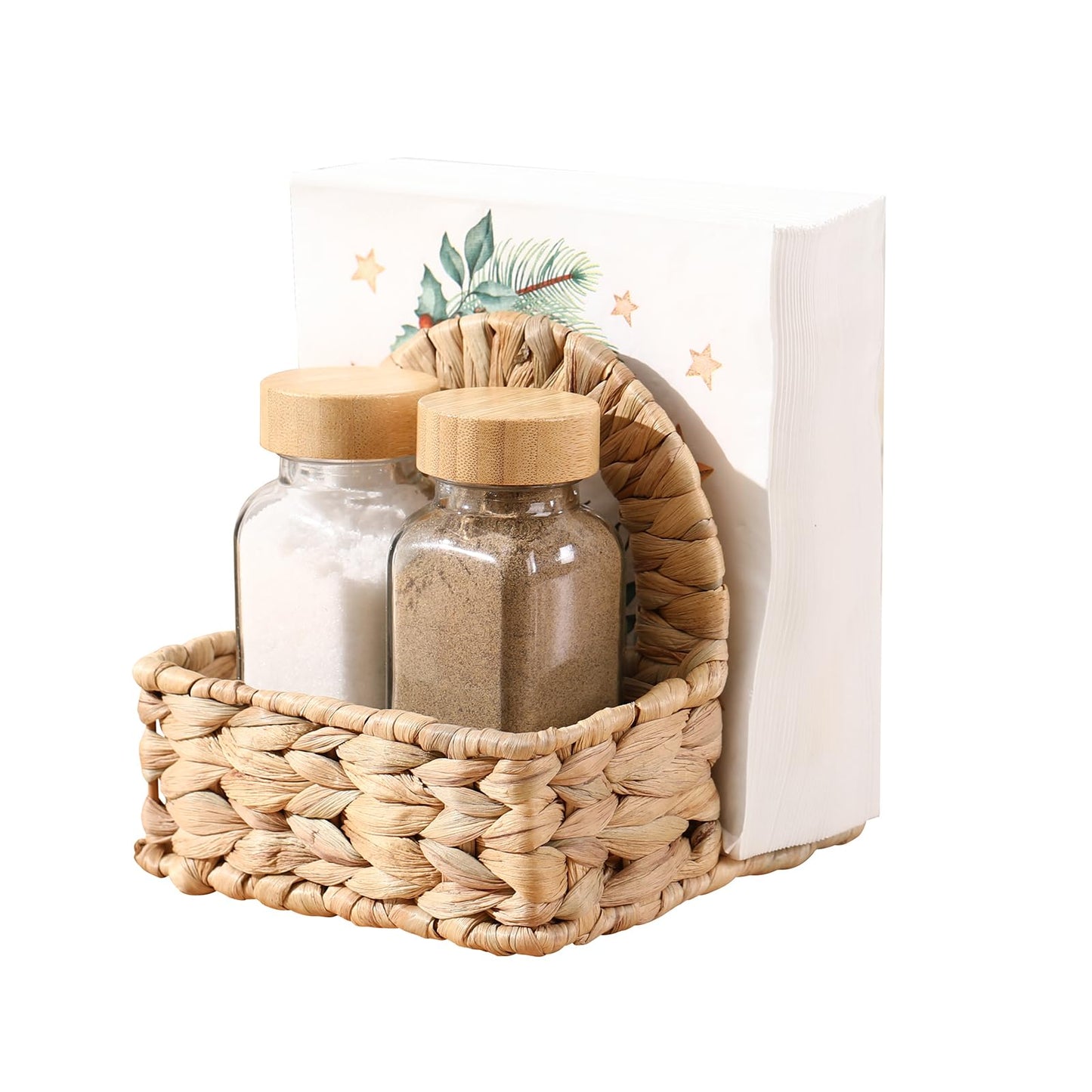 Napkin Holder for Table with Salt and Pepper Shakers, Natural Woven Water Hyacinth Includes 2 Glass Shakers, Tabletop Organizer for Kitchen, Home, Dining and Bar