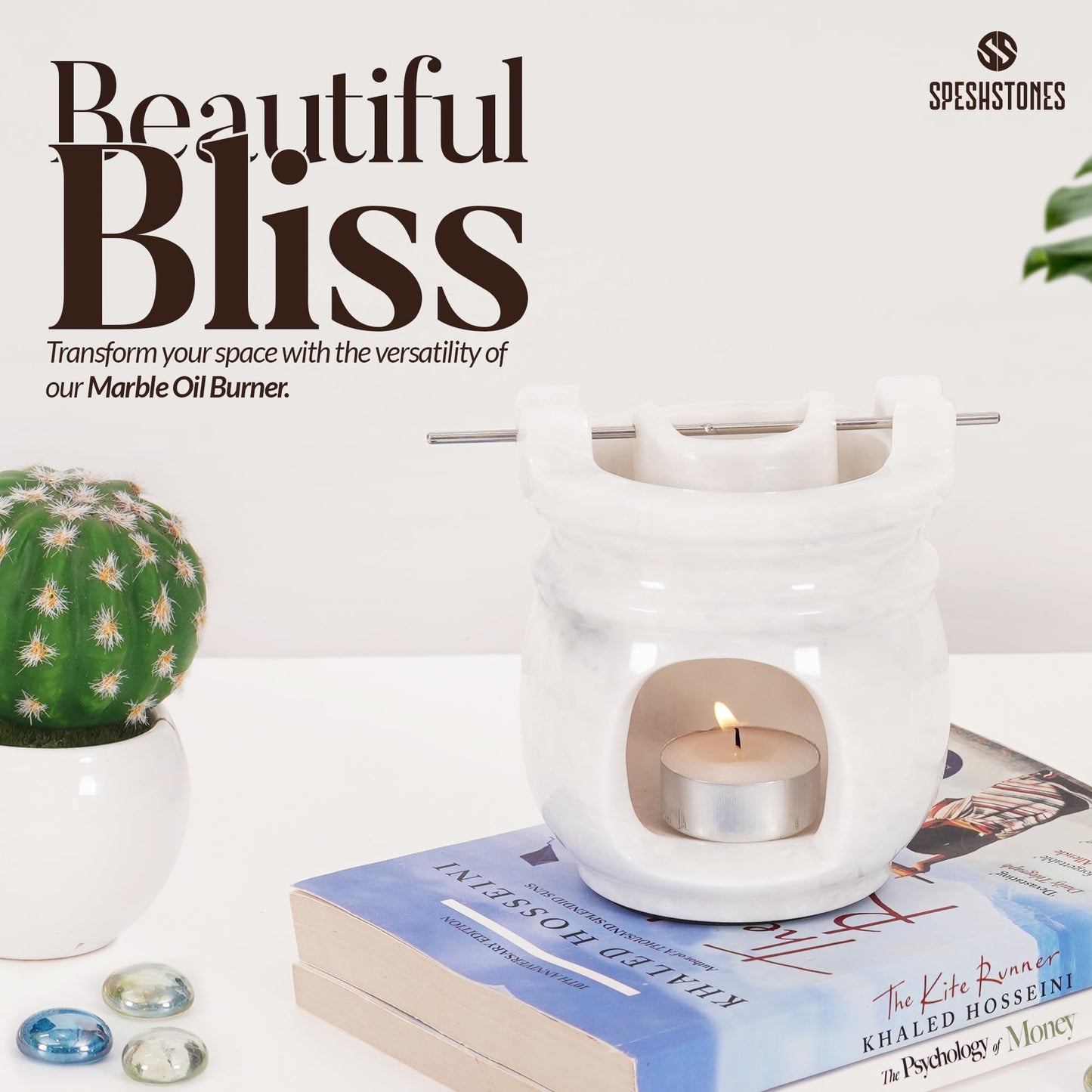 SPESHSTONES Marble Oil Burner for Scented Oil Verona 4.5 Inch White Handmade Stone Warmer for Essential Oils & Wax Melts - Aromatherapy Diffuser with 2 Tealight Candles, Elegant Wax Melt Warmer