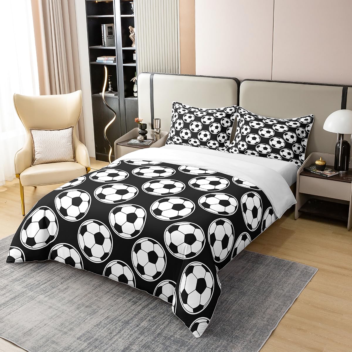 Erosebridal Football 100% Cotton Duvet Cover Twin Size Soccer Gamers Comforter Cover for Kids Boys Gaming Player Bedding Set Games World Cup Black White Ball Bedspread Cover with 1 Pillow Case