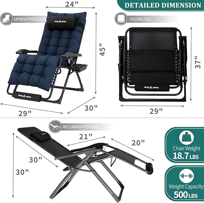 UDPATIO Oversized Zero Gravity Chair Set of 2, 29In XL Patio Reclining Chair with Cushion, Outdoor Folding Recliner with Pillows|Cup Holder|Foot Rest|Padded Headrest, Navy Blue, Support 500LB
