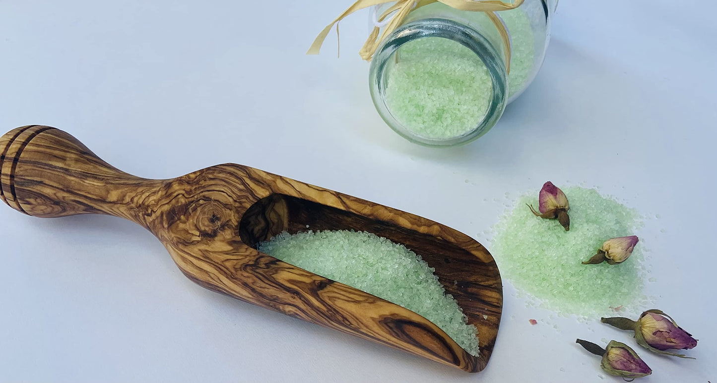 DYARI Olive Wood Scoop Bath Salt Spoon 7.5 Inches Long for Spices, Coffee Beans | Handcrafted Wooden Scoop Suitable for Sugar, Salt, Flour & More |