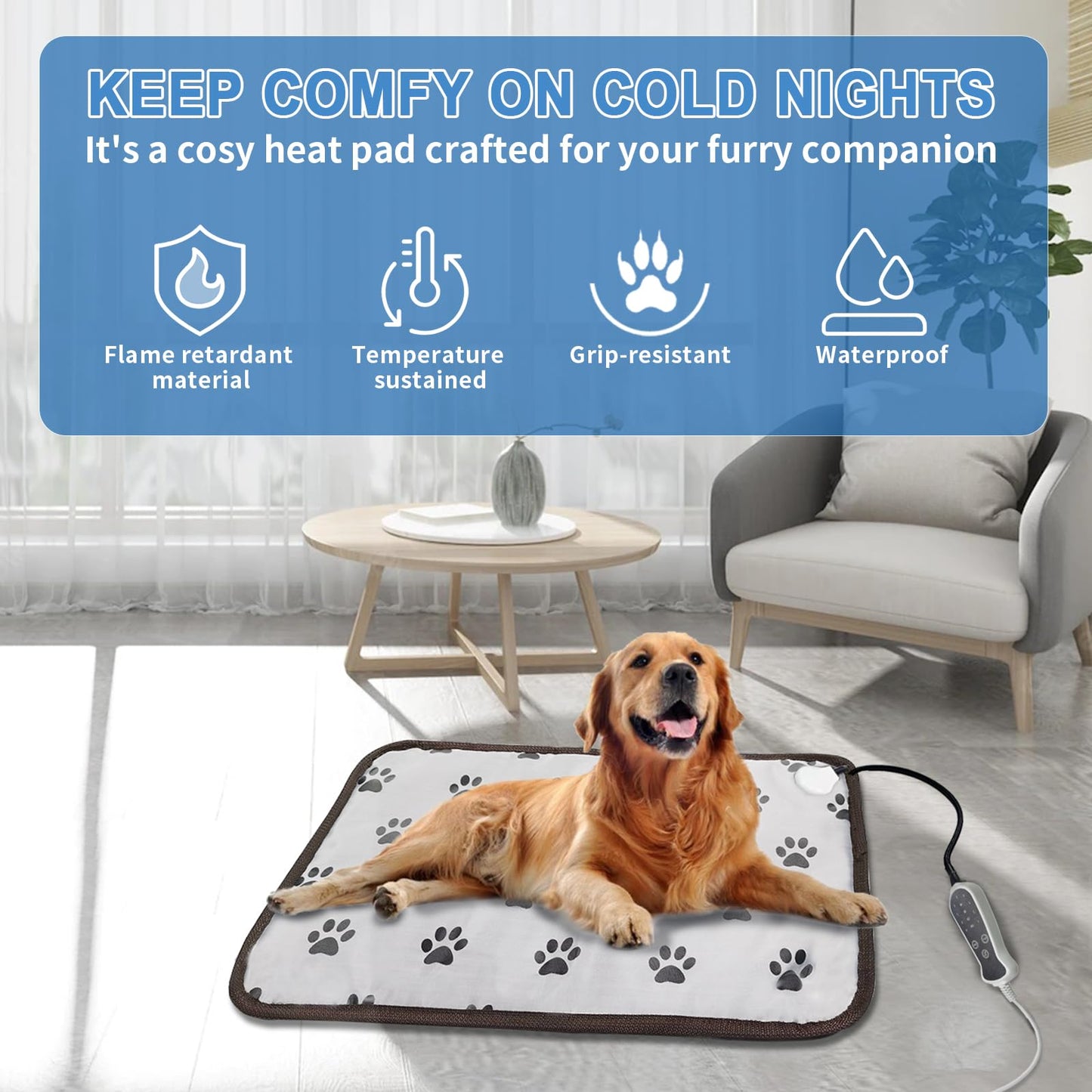 RC SLL Dog Heating Pad for Large Dogs, Pet Heating Pads for Dogs Cats, Waterproof Heated Pet Pad with Smart Thermostat Switch, Puppy Heating Pad for Whelping Box(FootPrint,48 * 72cm)