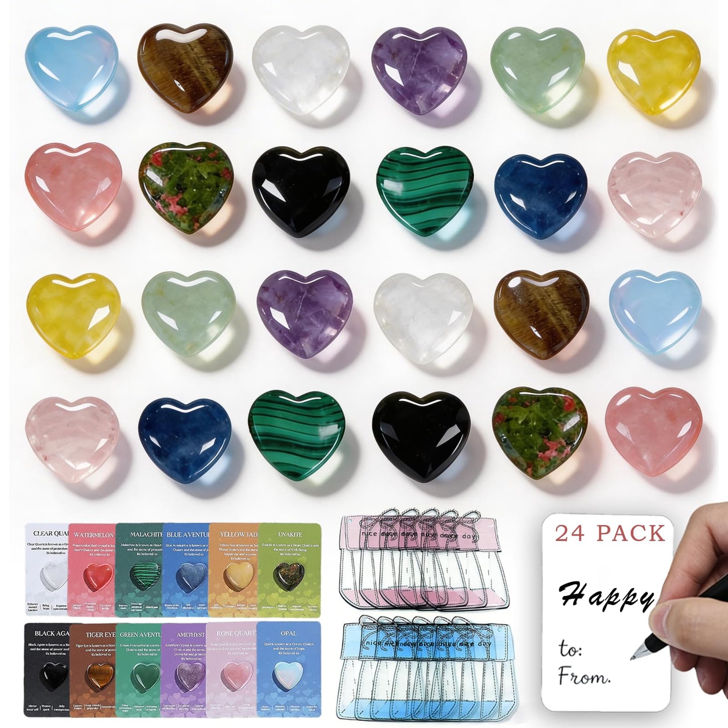 24 Packs Valentines Day Gifts for Kids,Crystals and Healing Stones with Heart Valentines Day Cards for Kids Classroom School Party Favors,Valentine Healing Crystals Rock Gift Exchange Bulk for Him Her
