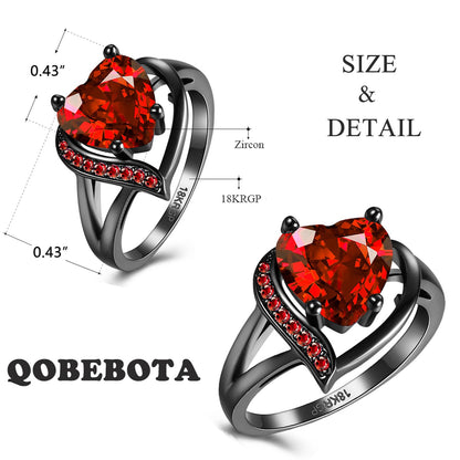 QOBEBOTA Promise Rings for Her Black Engagement Rings AAA+ Red Ruby Heart Zircon Gothic Rings Halloween Jewelry Women's Chunky Size 9 Birthstone Rings Love Gifts Statement Rings for Women