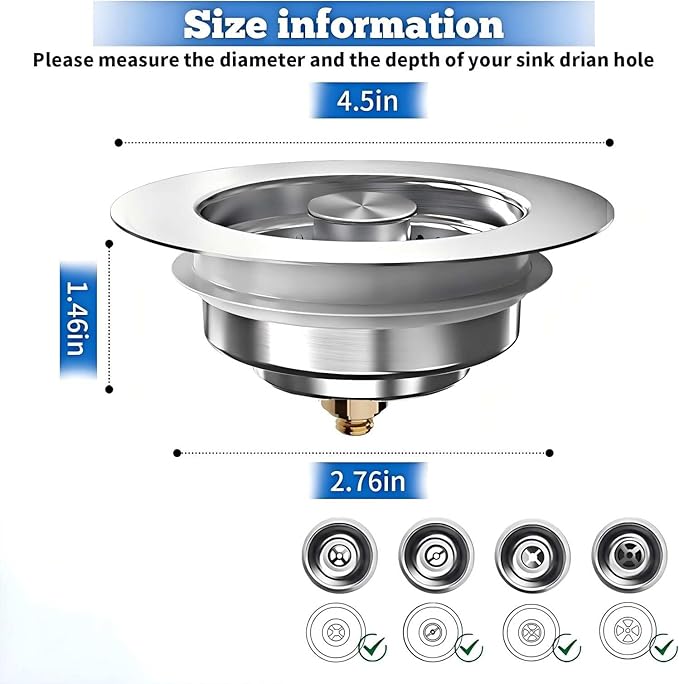 2Count 3-in-1 Kitchen Sink Drain Strainer & Stopper