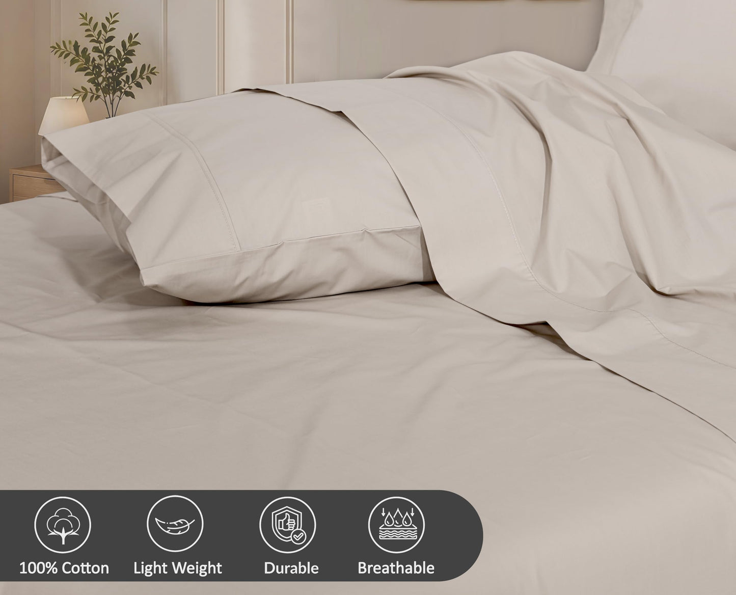 ZOYER 100% Cotton Sheets – Full Size Percale Bedding, Cooling & Breathable, Durable with a Crisp, Soft & Comfortable Feel, 16" Deep Pocket, 4-Piece Set, Soft Sand