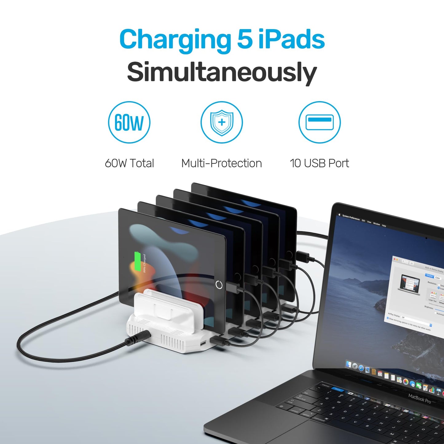 【5PCS】 Unitek Multi Charging Station, 10-Port USB Charger for Multiple Device with SmartIC Tech and Adjustable Dividers, Organizer Stand Compatible with iPad, Tablet, Kindle, iPhone - 5PCS, White