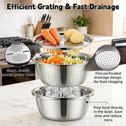 Germany Multifunctional Stainless Steel Basin - 2026 New 3-in-1 Grater Strainer and Drain Basket Set with Vegetable Slicer, 10.24 Inch for Kitchen Rinsing Draining Mixing