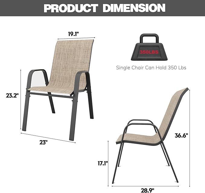 Patio Chairs Set of 4, Stackable Outdoor Dining Chairs for All Weather Textilene Fabric & Metal Frame, Outdoor Chairs Set for Backyard Deck Garden (Brown, Set of 4)