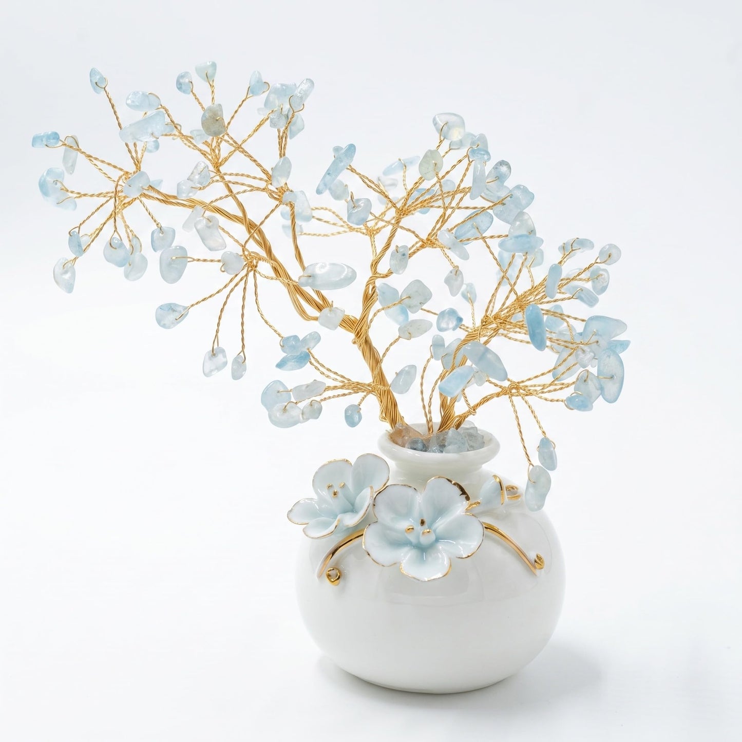 Aquamarine Crystal Tree of Life Decor, Large Chinoiserie Crystal Tree with Ceramic Vase and Gift Box, Blue Healing Money Feng Shui Tree Luck Reiki Balancing Energy Decoration for Women Men Gifts