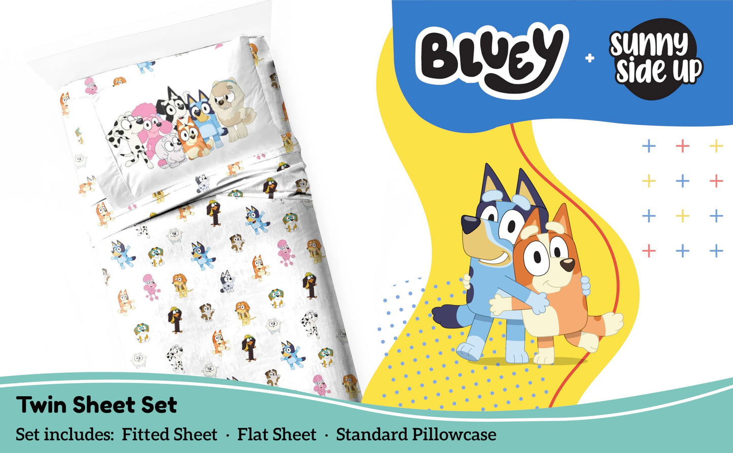Sunny Side Up Bluey & Friends Twin Sheet Set - 3 Piece Kids Bedding Set Includes Pillow Cover - Super Soft Microfiber Sheets