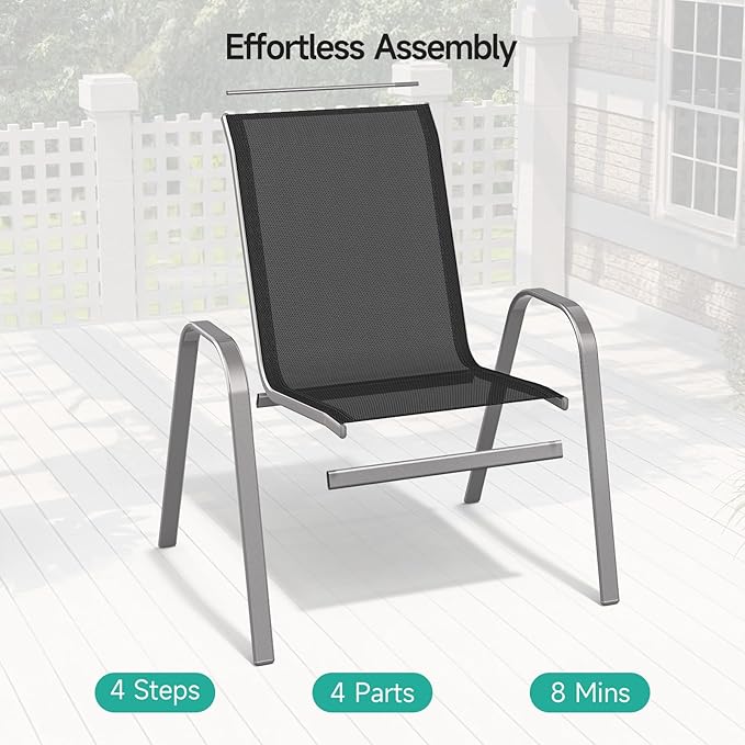 Patio Chairs Set of 2, Easily Set Up Stackable Outdoor Dining Chairs with High Back and Wide Seat, All Weather Breathable Outdoor Chairs Set of 2 with Metal Frame for Backyard Deck Pool, Black