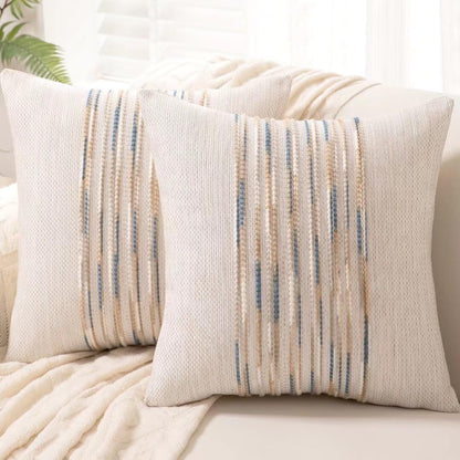 Boho Throw Pillow Covers 18x18 Set of 2 Farmhouse Decorative Cushion Case Striped Square Pillows Cover Chenille Pillow Cases Accent Neutral Pillowcase for Sofa Couch Bed,Sky Blue