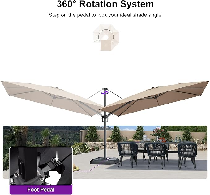 PURPLE LEAF 11.5' X 8.2' Tilting Patio Umbrella with Base Outdoor Cantilever Swivel Rectangle Umbrella Aluminum Offset Umbrella with 360-degree Rotation for Garden Deck Pool Patio Beige