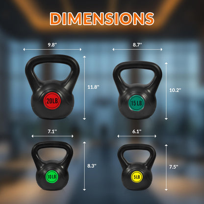 Fitvids Wide Grip 3-Piece or 4-Piece Kettlebell Exercise Fitness Weight Set, Include 5 lbs, 10 lbs, 15 lbs and 20 lbs, Set of 3 or Set of 4