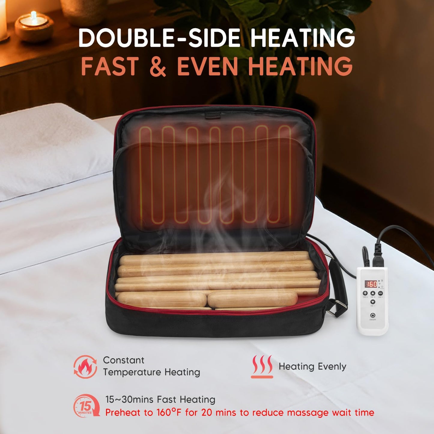 Goodtar Hot Bamboo Massage Warmer Bag w/ 12 PCS Warm Bamboo Sticks, Portable Professional Electric Heater for Stone, Digital Temperature Controller, Portable Heating Travel Bag (Black)