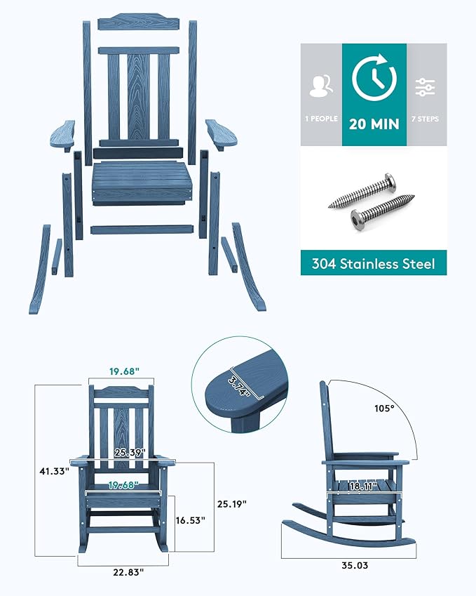 SERWALL Outdoor Rocking Chair Set of 6, Patio Rocking Chair Sets, HDPE Rocking Chair for Adults, Blue