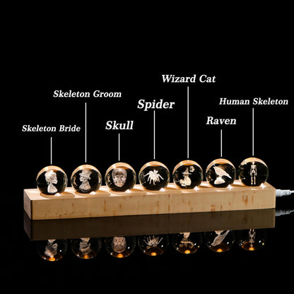 Qianwei 3D Crystal Ball Gothic Halloween Decor with Led Lamp Base - Best Birthday Gift for Man Teacher Boy Kids - Skeleton Bride Gloom Spider Skull Wizard Cat Raven Gifts