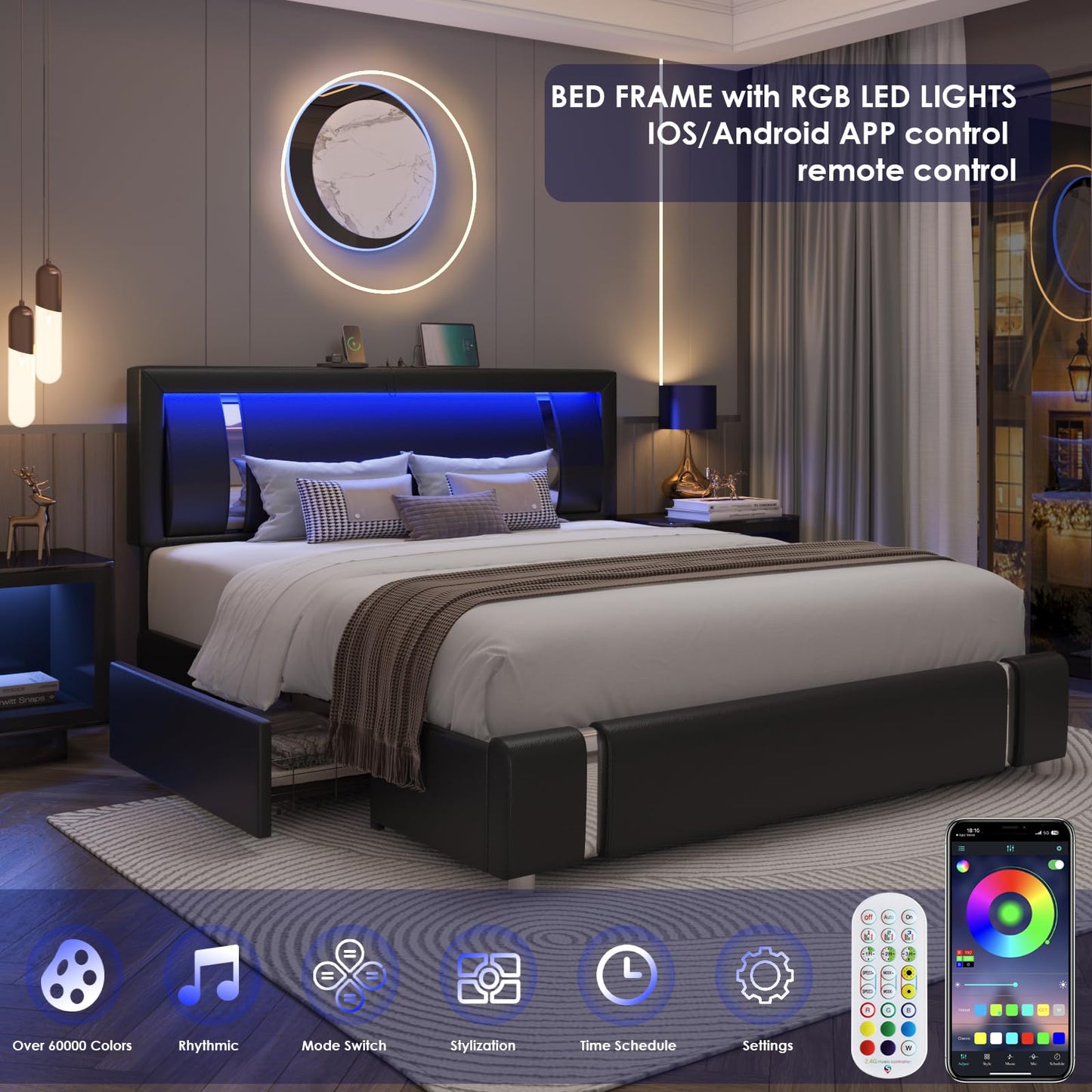 Keyluv King Size Bed Frame with RGB LED Lights & 2 Storage Drawers, Modern Upholstered Platform Bed with Iron Metal Decor, USB Charging Ports, Black