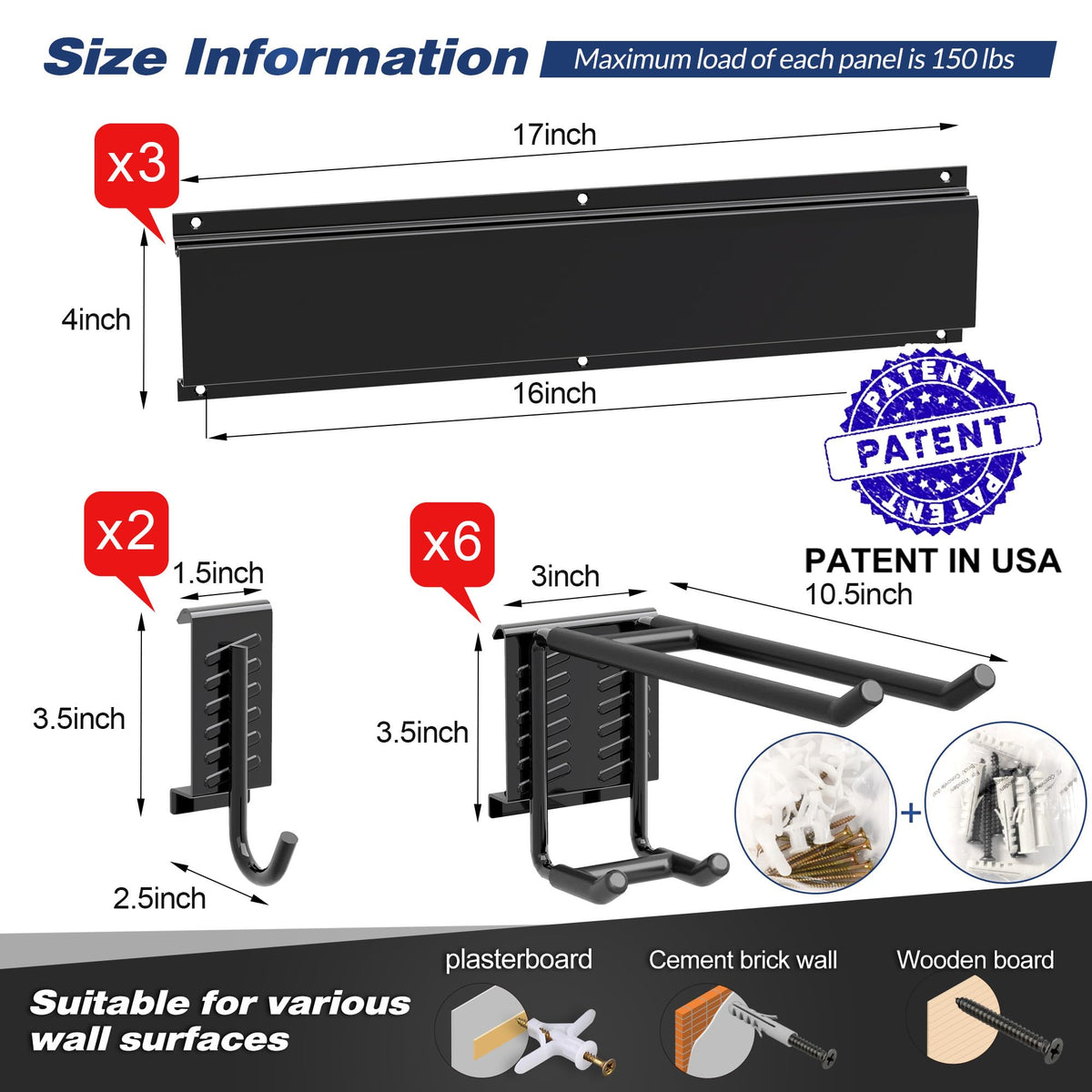 Sttoraboks Garage Wall Organizer, Heavy Duty Tool Hangers for Garage Wall with 8 Double Hooks & 3 Rails, Tool Organizer Wall Mount, Garage Hanging Storage Rack for Shovel, Rake, Broom and Ski Gear