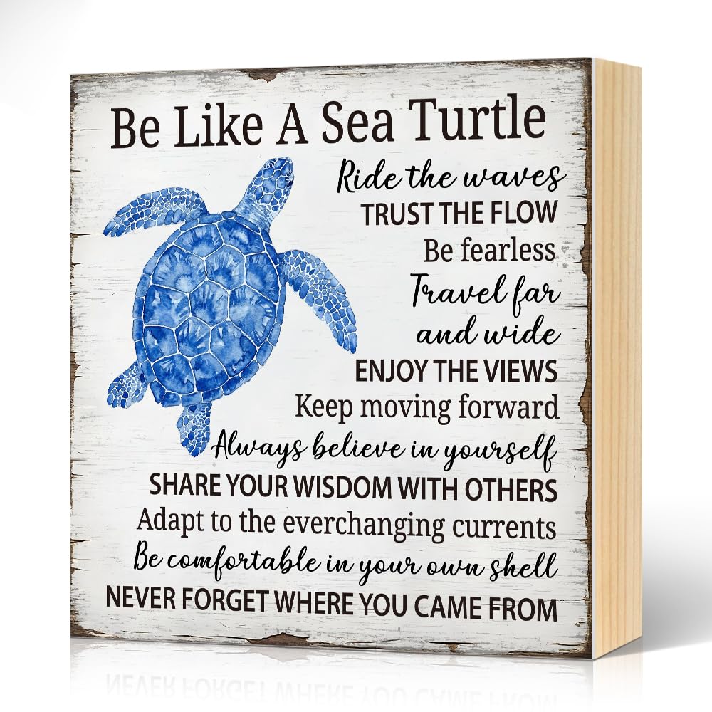 JQYCJTR Be Like A Sea Turtle Wood Block Plaque Box Sign for Home Living Room Coffee House Bar Shelf Table Decoration, Coastal Easter Beach Sign, Sea Turtle Motivational Wisdom Home Decor